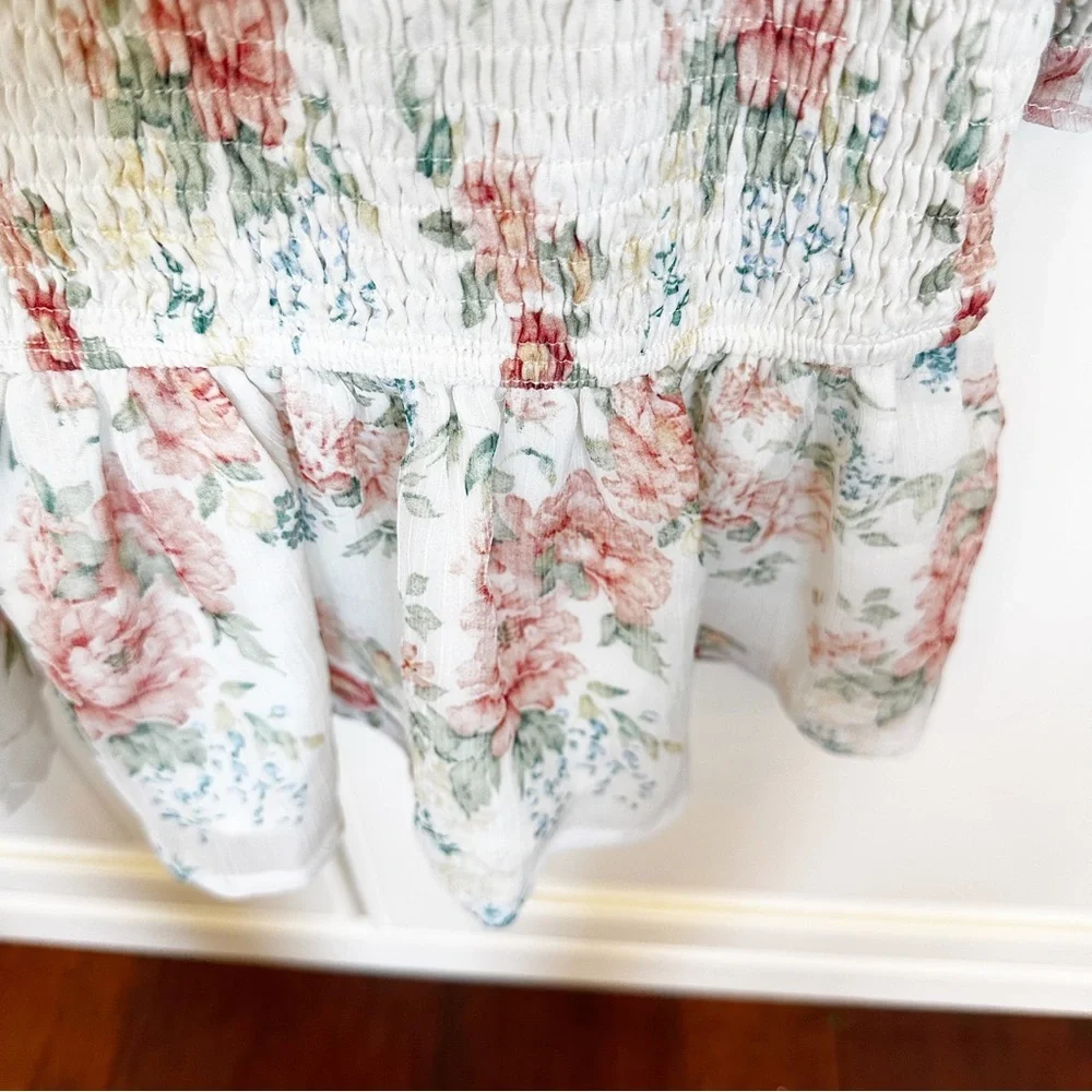 STORIA Womens Pastel Floral Smocked Chiffon Ruffle Teim Dress Long Sleeve Medium - Picture 10 of 11